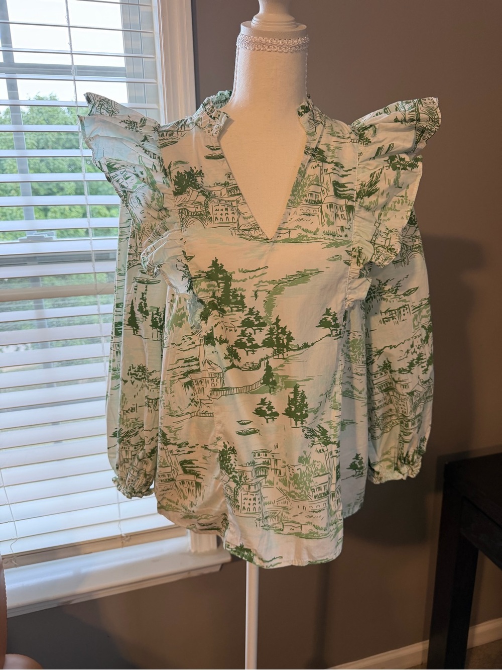 Sugarlips White Blouse with Green Scenic Print and Ruffle Sleeves